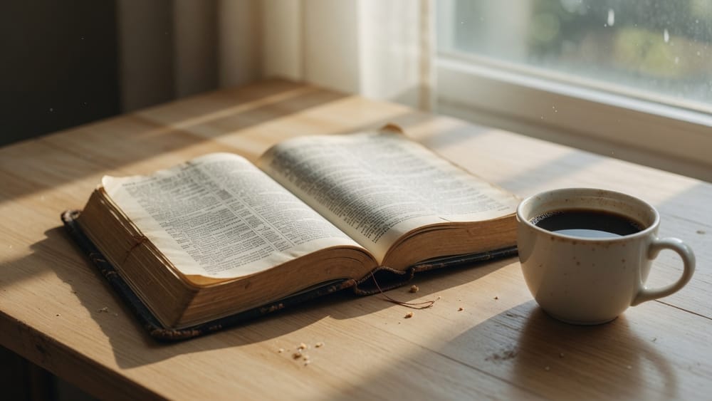 Open Bible and coffee in morning light