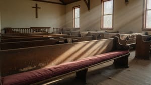 Empty church pew in morning light